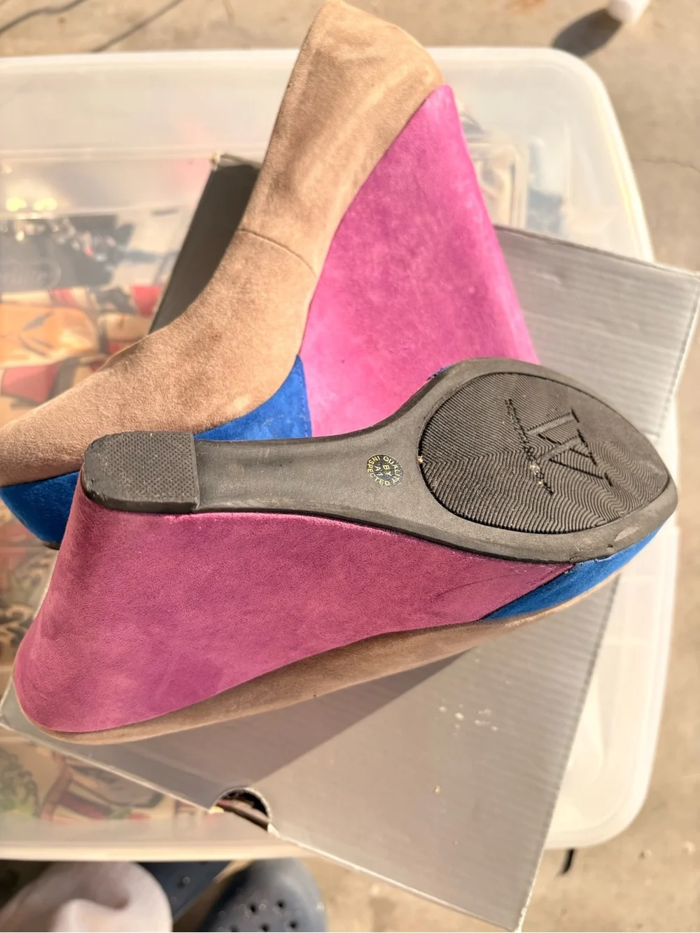 Worthington Beige Suede Wedges with Pink & Blue Contrast Wedge